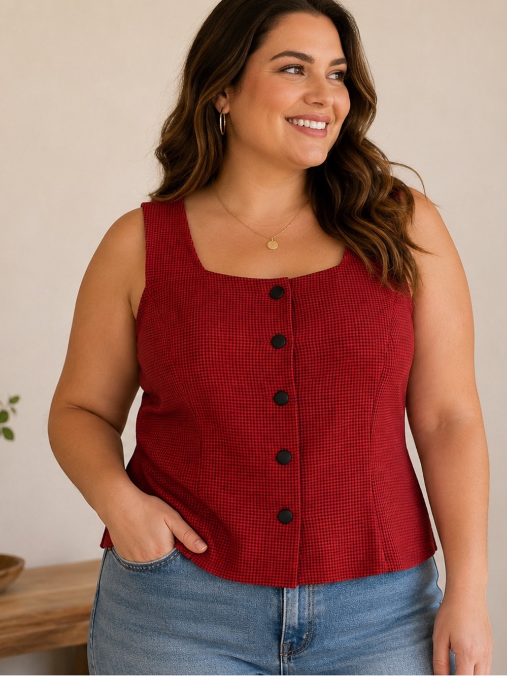 Vintage Red & Black Gingham Button Front Vest Top Women’s Cottagecore Retro